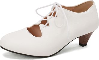 Generic Womens Round Toe Lace-Up Cutout Pumps Low Kitten Heels PU Upper Soft Inner Lining Non-Slip Adjustable Comfortable Shoes,White,6.5 UK