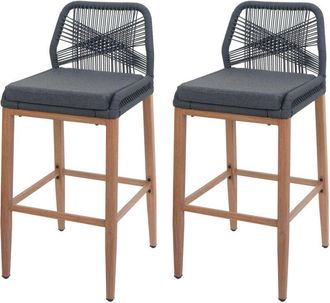 Hhg nunca usado] Juego de 2 taburetes de bar de cuerda 982, asiento de exterior de cuerda de metal imitación madera, antracita, cojín gris oscuro