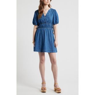Treasure & Bond Puff Sleeve Cotton Chambray Minidress in Medium Wash at Nordstrom, Size Xx-Small