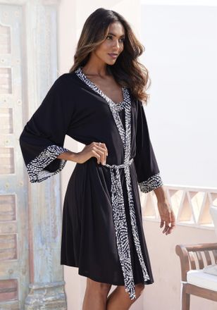 Lascana Kimono LASCANA, Damen, Gr. 32/34, schwarz-weiss (schwarz, wei&szlig; gepunktet), Single-Jersey, gestreift, Kurzform, Hausm&auml;ntel Kimono, mit gemusterter Kont