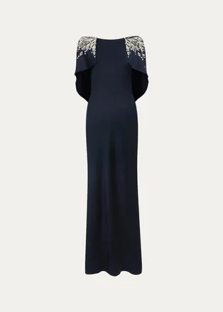 Jenny Packham Ophelia Embellished Draped Capelet Backless Gown