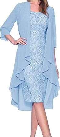 Generic 3/4 Sleeve Chiffon Dresses for Women UK with Cardigan Mother of The Bride Outfits Fake 2 Piece Set Beach Cover Up Set Casual Slim Fit Floral Evening L