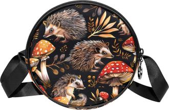 Generic Circle Crossbody Bag for Women, Hedgehog Mushrooms Small Sling Bag Daypack with Zipper Adjustable Shoulder Straps Casual Ladies Girls Round Purse