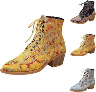 Generic Lace Up Boots for Womens Vintage Floral Embroidered Short Boots Pointed Toe Chunky Block Heel Ankle Boot Winter Stylish Casual Western Cowboy Booties 
