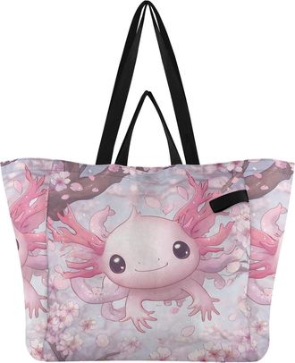 Generic Pink Axolotl Flowers print Reusable Canvas Tote Bag, Heavy Duty Grocery Shopping Bag with Large Capacity Hard Bottom Double Handles Work Groceries Tra