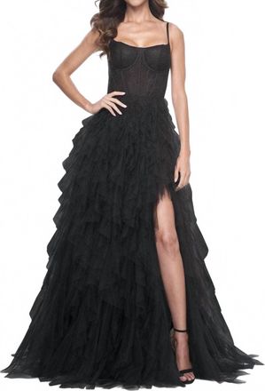 La Femme Tulle Ruffle Ball Gown In Black