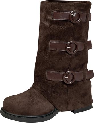 Generic Coffee Ladies Elevated Footwear with Buckle and Solid Color for Height Enhancement Comfortable for Leisure in Fall and Winter