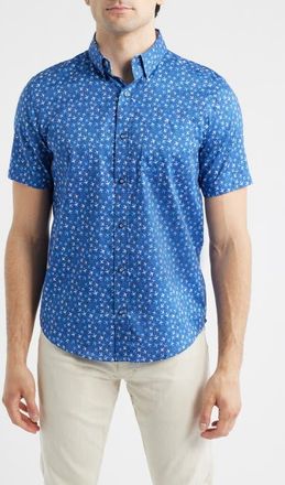 Johnston & Murphy Logan Airplane Print Short Sleeve Cotton Blend Button-Up Shirt in Navy Flight Paths at Nordstrom, Size Xxx-Large