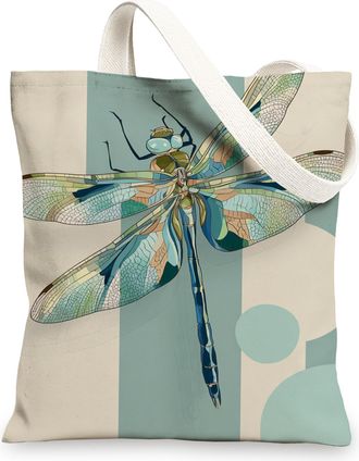 Generic Dragonfly Canvas Tote Bags, Artistic Insect Design Reusable Grocery Bags, Modern Lightweight Washable Shoulder Strap Canvas, Blue, 13x15 Inch