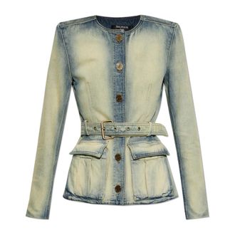 Balmain Denim Jackets, female, Blue, Size: 2XS Denim Belted Blazer