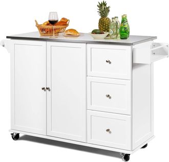 Costway Carrito De Cocina, Carrito De Servicio M&oacute;vil, Carrito De Isla De Cocina Con Encimera De Acero Inoxidable, 3 Cajones, Armario De 2 Puertas, Toallero Y 