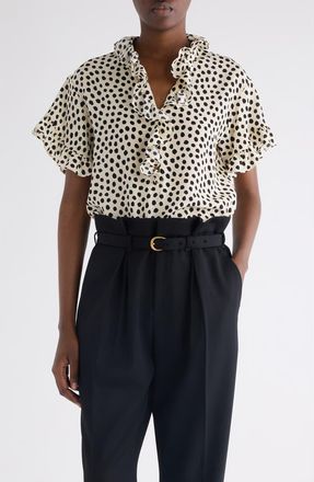 Chlo&eacute; Polka Dot Jacquard Organic Silk Cr&ecirc;pe de Chine Top in Beige - Black at Nordstrom, Size 12 Us