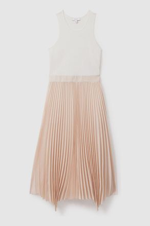 Reiss Marnie Hybrid Knitted Midi Dress, S, White & beige