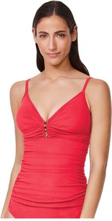 Gottex Tutti Frutti Fashion V-Neck Gold Beaded Tankini Top in Coral at Nordstrom, Size 16