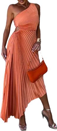 Generic Sexy One Shoulder Hollow Out Asymmetric Dress Female Solid Color Slim Fit Evening Dress 02 Orange XL