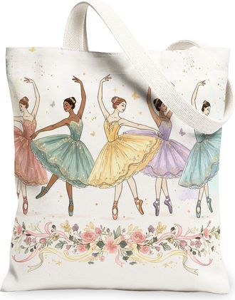 Generic Ballet Dancer Canvas Tote Bags, Elegant Dance Pattern Reusable Grocery Bags, Spring Lightweight Washable Shoulder Strap Can, White, 13x15 Inch