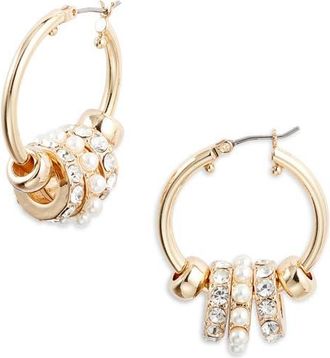 Nordstrom Pav&eacute; Crystal Rondelle Faux Pearl Hoop Earrings in Clear- White- Gold at Nordstrom