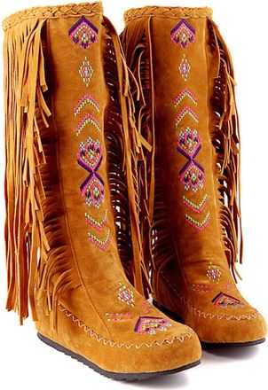 Generic Tassel Cowboy Boots For Women Winter Flat Suede Mid Calf High Boots Ethnic Style Retro Pull-On for Street Wedding Party,orange,10.5 UK