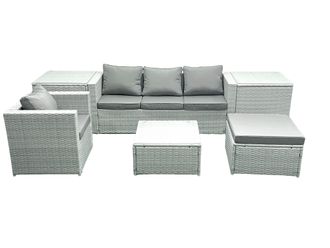 Fimous Garden Outdoor Furniture Set 5 Seater Rattan Sofa Set with Big Footstool Armchair 2 Side Tables Light Grey Mixed