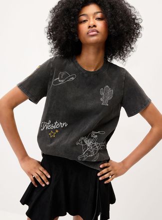 Twik Womens Western embroidery loose T-shirt