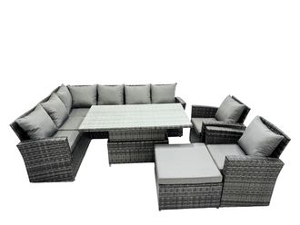 Fimous Poly Rattan Outdoor Patio Corner Sofa Set with Big Stool, 2 Chairs in Dark Grey