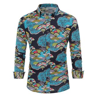 AlltheMen Mens Casual Printed Shirts Long Sleeve Paisley Funky Printed Linen Shirt Button Down Dress Shirt Tops Unique Pattern, Blue Folding Fan, XXL
