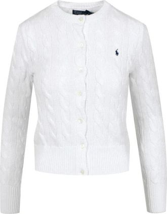 Polo Ralph Lauren Cardigans, female, White, Size: M Button-Up Long Sleeve Cotton Cardigan with Round Neck