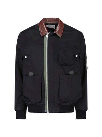 sacai Black Cotton Leather Collar Jacket