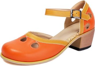 Generic Womens Cutout Round Toe Ankle Strap Pumps Adjustable Buckle Chunky Wood Heel Smooth Upper Two-Tone Sole Soft Insole Breathable Comfortable Shoes,Orang