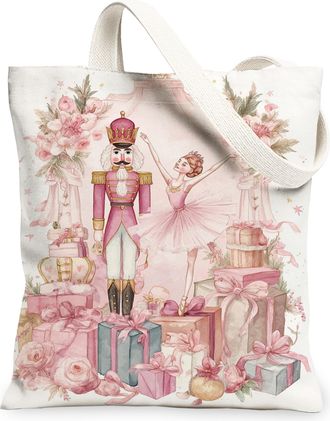 Generic Nutcracker Ballet Canvas Tote Bags, Floral Design Reusable Grocery Bags, Winter Vintage Elegant Lightweight Washable Should, Peach, 13x15 Inch