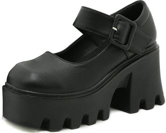Generic Chunky High Heel Mary Jane Pumps for Women - Round Toe Leather Platform Mid Heel Dress Shoes