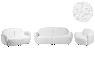 Beliani Set Da Soggiorno A 6 Posti Stile Retr&ograve; Con Schienali E Braccioli Arrotondati Rivestimento Boucl&eacute; Gambe In Plastica Bianco Sporco Jule
