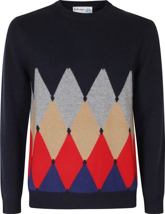 Ballantyne Blue Crew Neck Ribbed Cashmere Sweater