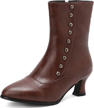 Generic Womens Pointed Toe Retro Dressy Ankle Boots Side Zipper Studded Decor Elegant Kitten Heel Pumps Western Shoes (Brown,7.5)