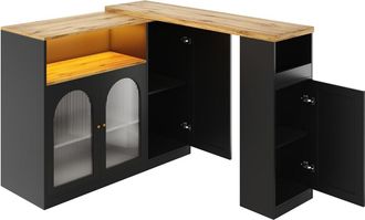 Urban Meuble Mesa de bar giratoria con efecto madera negra y puerta de cristal LED