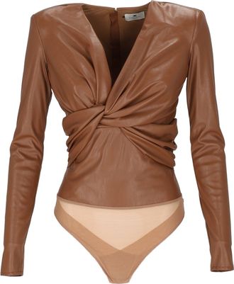 Elisabetta Franchi Faux Leather Bodysuit With Twisted Front Design