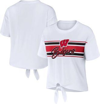 WEAR by Erin Andrews Womens WEAR by Erin Andrews White Wisconsin Badgers Striped Front Knot Cropped T-Shirt at Nordstrom, Size Xx-Large