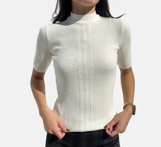 Tricot Chic Short Sleeve Cable Knit Top In Cream