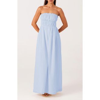 SNDYS Ines Strapless Linen & Cotton Maxi Dress in Blue at Nordstrom, Size Medium