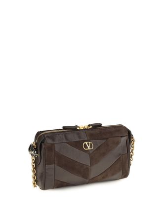 Valentino Garavani Womens Panthea Shoulder Bag Chevron Pattern Ebony Brown-Oak Brown Calf Leather Bos Taurus Brown/oak