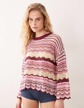 Kiwi & Co Walking On Sunshine - Maglione alluncinetto rosa multicolore a righe con spalle scivolate