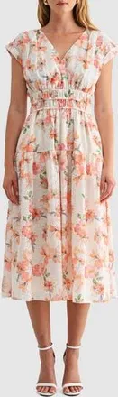 Mila Mae Floral Cap Sleeve Eyelet Cotton A-Line Midi Dress in Orange Mauve Floral at Nordstrom Rack, Size X-Large