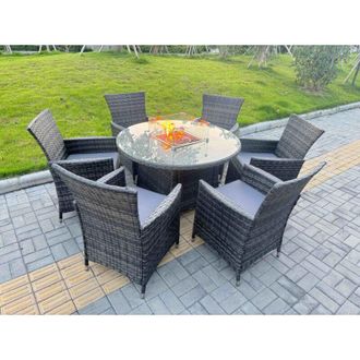 Fimous Fimous 7-Piece PE Rattan Garden Furniture with Big Round Gas Firepit Table and 6 Chairs for Patio Dark Grey Mixed