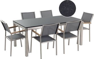 Beliani Conjunto De Comedor De Jard&iacute;n Gris Con Mesa 180 X 90 Cm De Granito Negro 6 Sillas De Rat&aacute;n Grosseto