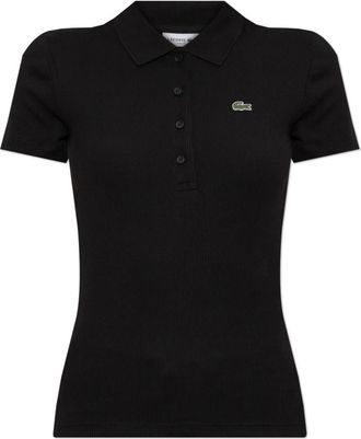 Lacoste Tops, Dames, Zwart, S, Katoen, Geribbelde Polo met Logo Patch