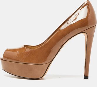 Stuart Weitzman Brown Patent Leather Peep Toe Platform Pumps