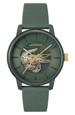 Lacoste Automatique Leather Strap Watch, 44mm in Khaki at Nordstrom