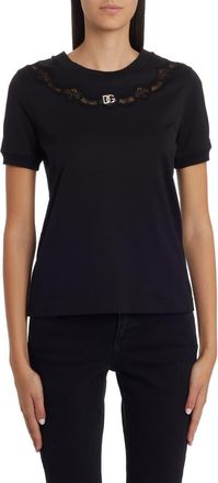 Dolce & Gabbana DG Logo Lace Inset Cotton Blend T-Shirt in Black at Nordstrom, Size 2 Us