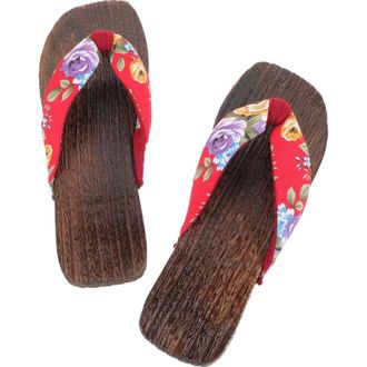 Supvox Japanese Style Wooden Clog Slippers for Women, 1 Pair Red Floral Fabric Sandals, Breathable Summer Home Flip-Flops Size 38