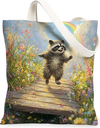 Generic Spring Raccoon Canvas Tote Bag for Shopping 13x15, Country Garden Animal Reusable Grocery Print Pattern Bag for Women, Fun Flower Scenic Beach Aesthet